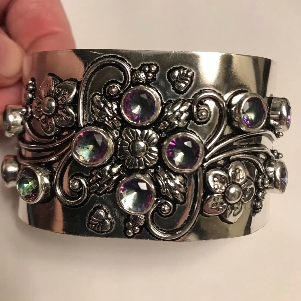 Mystic Topaz Stamped Solid Stamped 925 Sterling Silver Cuff Bracelet